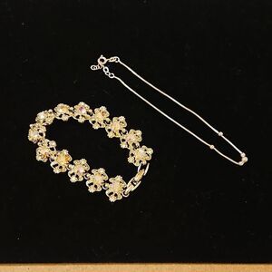Sterling Silver 9" Bead Anklet & 7" Aurora Borealis CZ Bracelet Set